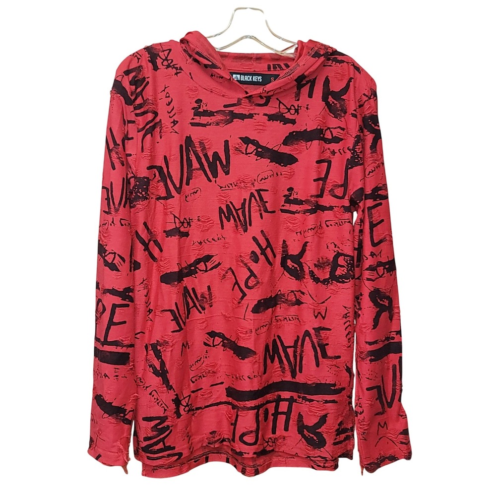 Black Keys Men's Distress Graffiti Hoodie Shirt S Streetwear Skater‎ Y2K Sporty